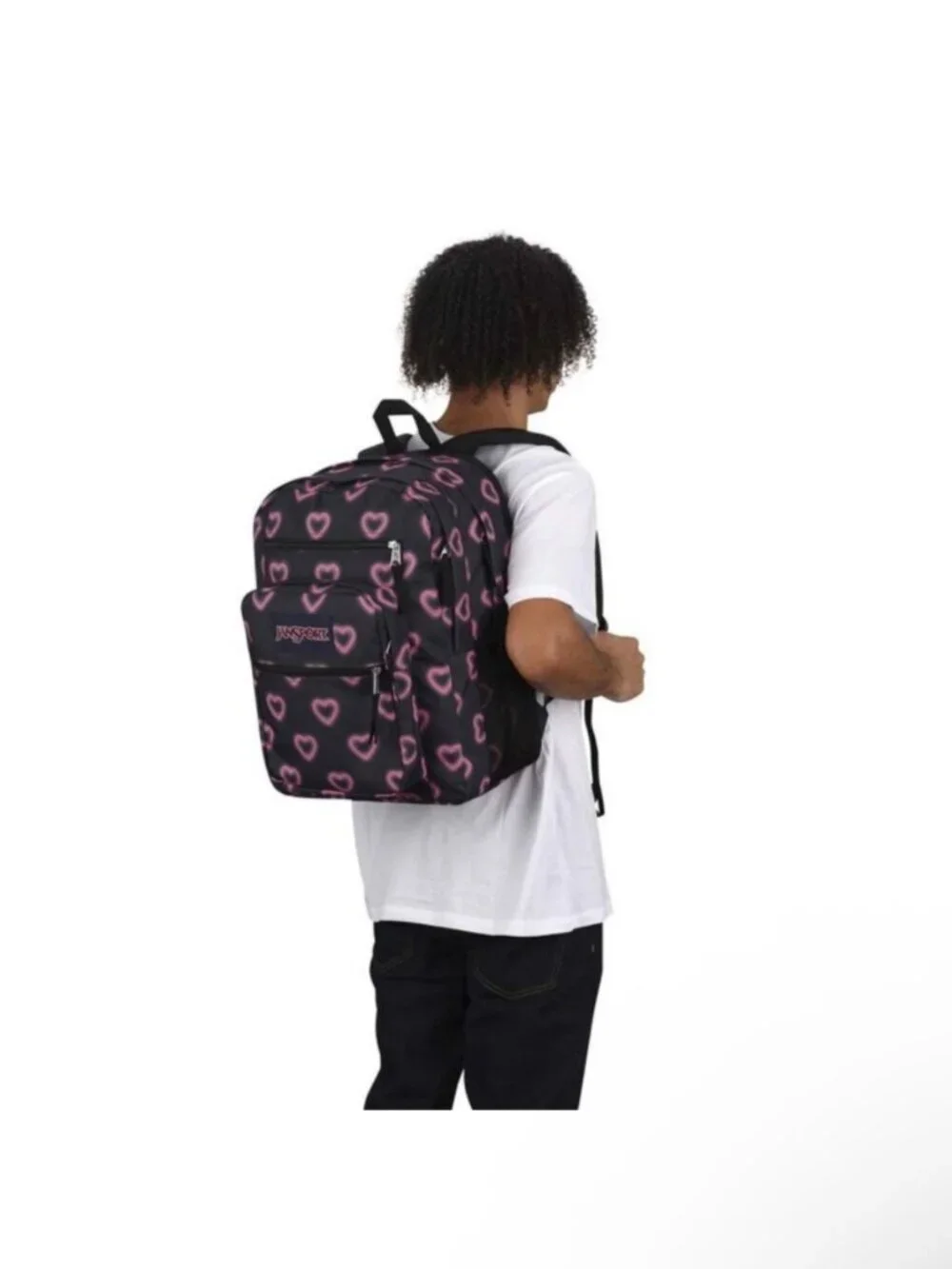 JanSport XL Big Student Happy Hearts Backpack Black Pink Hearts  15